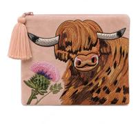 Velvet Embroidered Makeup Bag & Coin Purse with Tassel Zip - Cosmetic Pouch, Small Makeup Organiser, Velvet Clutch, UK Design Gift (Highland Cow)