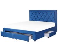 Beliani Bed With Storage Drawers Lievin Velvet Navy Blue 180 X 200 Cm (Eu Super King)