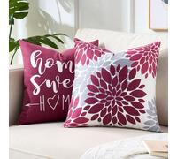 Velvet Feel Short Plush 50x50 Cushion Cover, Set of 2 Modern Red and Grey Blooms and Flowers Cushion Cover, Farmhouse Dahlia and Personalised Letters Pillow Covers, For Living Room Bedroom Sofa Deco
