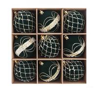 Velvet Finish Flocked Christmas Ornaments 8cm, 9-Pack Baubles with Pearl | Star Decorations for Tree Wreath Garland, Luxury Holiday Decor Set in Assorted Colors Red Green Blue Pink Purple Grey