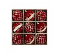 Velvet Finish Flocked Christmas Ornaments 8cm, 9-Pack Baubles with Pearl | Star Decorations for Tree Wreath Garland, Luxury Holiday Decor Set in Assorted Colors Red Green Blue Pink Purple Grey
