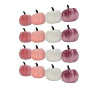 Velvet Foam Pumpkins 12 Pcs Pink White Table Centerpiece | Three varied sizes, for dynamic visual arrangement, perfect table centerpiece, enhances festive holiday atmosphere