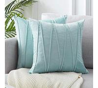 Velvet Grey Cushion Covers Soft Decorative Square Throw Pillow Cases Stripe Design For Livingroom Sofa Bedroom with Invisible Zipper Pack of 2-16x16_Duck Egg Blue