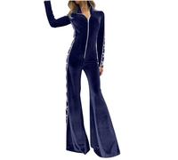 Velvet Jumpsuit for Women UK Elegant Long Sleeve Playsuits Zip Front All in One Romper Soft Wide Leg Jumpsuit Long Flared Pants Casual Office Evening Party Jumpsuits Solid Lapel Collar Velvet Playsuit