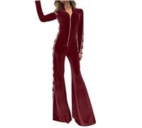 Velvet Jumpsuit for Women UK Elegant Long Sleeve Playsuits Zip Front All in One Romper Soft Wide Leg Jumpsuit Long Flared Pants Casual Office Evening Party Jumpsuits Solid Lapel Collar Velvet Playsuit