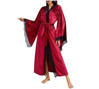 Velvet Kimono Robe Women Lace Long Bath Robes Sleepwear Wedding Bridesmaid Robes Ladies Sexy Super Soft Bathrobe Dressing Gown Full Length Bath Robe with Belted Nightwear Gifts for Her Red