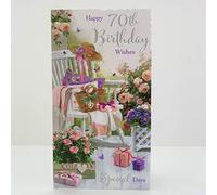 Velvet Moments Beautiful Artistic Female 70th Birthday Card From the Range - Rocking Chair and Country Flowers - Pretty Embossed, Foil and Flitter Finish - Greeting Card For Her (JJ-VM098)