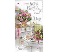 Beautiful Artistic Female 80th Birthday Card From the Velvet Moments Range - Flower Arrangement and Pink Radio - Attractive Embossed, Foil and Flitter Finish - Greeting Card For Her (JJ-VM100)