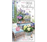 Velvet Moments Stunning Artistic Female 90th Birthday Card From the Range - Garden Chair and Pretty Flowers - Attractive Embossed, Foil and Flitter Finish - Greeting Card For Her (JJ-VM101)