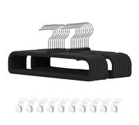 Velvet Pant Hangers, 20pcs Heavy Duty Flocked Trouser Hangers with Non-Slip Bar, 35cm(L) Adult Clothes Hanger with Swivel Hook, Slim Felt Jean Hangers (Black-Silver) Short Neck Hangars