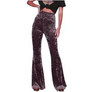 Velvet Pants for Women Flare Solid Trousers High Waist Wide Leg Jogger Vintage Retro Pants Loose Fit Plus Size Stretch Trousers Ladies Casual Business Work Long Pants UK Clearance Brown