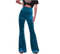 Velvet Pants for Women Flare Solid Trousers High Waist Wide Leg Jogger Vintage Retro Pants Loose Fit Plus Size Stretch Trousers Ladies Casual Business Work Long Pants UK Clearance Light Blue