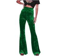 Velvet Pants for Women Flare Solid Trousers High Waist Wide Leg Jogger Vintage Retro Pants Loose Fit Plus Size Stretch Trousers Ladies Casual Business Work Long Pants UK Clearance Green