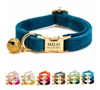 Velvet Personalised Cat Collar with Name & Phone Number Engraving - Adjustable Pet Collar with Metal Buckle & Bell - Soft Kitten ID Tag Collar for Cats Puppy - Gift for Pet Owners UK