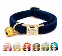 Velvet Personalised Cat Collar with Name & Phone Number Engraving - Adjustable Pet Collar with Metal Buckle & Bell - Soft Kitten ID Tag Collar for Cats Puppy - Gift for Pet Owners UK
