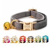 Velvet Personalised Cat Collar with Name & Phone Number Engraving - Adjustable Pet Collar with Metal Buckle & Bell - Soft Kitten ID Tag Collar for Cats Puppy - Gift for Pet Owners UK