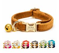 Velvet Personalised Cat Collar with Name & Phone Number Engraving - Adjustable Pet Collar with Metal Buckle & Bell - Soft Kitten ID Tag Collar for Cats Puppy - Gift for Pet Owners UK