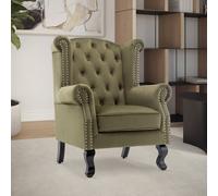 Velvet Sage Green Fireside Henley Wingback Armchair With Buttons