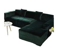 Velvet Sectional Couch Covers for 5 Seater, Soft 2 PiecesL-Shaped Seat Cushion Cover Stretch Chaise Corner Sofa Slipcover Washable Cat Dogs Furniture Protector，Dark Green，4+3 seater