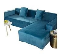 Velvet Sectional Couch Covers for 5 Seater, Soft 2 PiecesL-Shaped Seat Cushion Cover Stretch Chaise Corner Sofa Slipcover Washable Cat Dogs Furniture Protector，Blue，4+2 seater