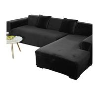 Velvet Sectional Couch Covers for 5 Seater, Soft 2 PiecesL-Shaped Seat Cushion Cover Stretch Chaise Corner Sofa Slipcover Washable Cat Dogs Furniture Protector，Black，3+2 seater