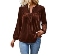 Velvet Shirts for Women UK 2025 - Ladies Velvet Blouses Elegant Long Sleeve Button Henley V Neck Solid Work Velour Tops Pleated Business Casual Spring Clothes 2025 Airport Outfits Shirts