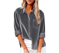 Velvet Shirts for Women UK Elegant V Neck Blouse Smart Casual Tunic Tops Plain Loose Fit Velour Pullover Solid Long Sleeve Oversized Tees Shirt Office Work Shirt Womens Tops, UK Size S-3XL Dark Gray