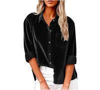 Velvet Shirts for Women UK Elegant V Neck Blouse Smart Casual Tunic Tops Plain Loose Fit Velour Pullover Solid Long Sleeve Oversized Tees Shirt Office Work Shirt Womens Tops, UK Size S-3XL Black