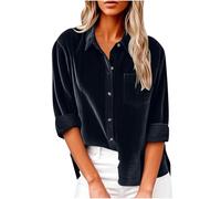 Velvet Shirts for Women UK Elegant V Neck Blouse Smart Casual Tunic Tops Plain Loose Fit Velour Pullover Solid Long Sleeve Oversized Tees Shirt Office Work Shirt Womens Tops, UK Size S-3XL Navy