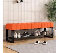 Velvet Shoe Bench with Cushioned Seat | 2-Tier Shoe Storage for Entryway | Black Metal Frame Pouf for Bedroom (Size: 80x32x45 cm, Color: Orange)