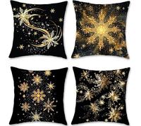 Velvet Snowflake Pillow Covers Set of 4, Throw Cushion Covers with Invisible Zipper, Soft Plush Euro Sham Cases for Winter Christmas Sofa Bed Couch Decor(Linen,50 x 50 cm)