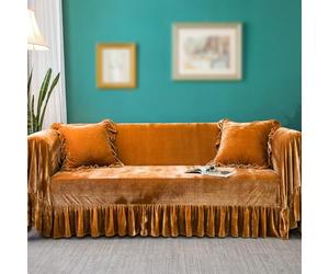 Velvet Sofa Cover Soft Decorative Luxurious Solid Exquisite Ruffle Trim,Retro Farmhouse Vintage Sofa Slipcover Couch Furniture Protector for 2-3 Cushion Sofa for Living Room 1PC Golden Camel 71x118IN