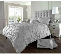 Velvet Stitch Alexander PinTuck Quilt Duvet Cover with Matching Pillow Case Reversible Comfortable Bedding Set (Silver, Double)