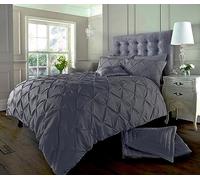 Velvet Stitch Alexander PinTuck Quilt Duvet Cover with Matching Pillow Case Reversible Comfortable Bedding Set (Grey, Double)