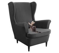 Velvet Stretch Wing Chair Slipcovers, Wing Back Chair Recliner Covers with Arms 2 Piece, Non Slip Armchair Covers, for Living Room, Bedroom (Black)