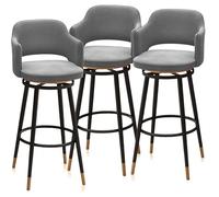 Velvet Swivel Bar Stools Set of 3 Slish Dining Chairs with Backrest & Armrest for Kitchen Counter 25.6'' H Grey with Black Legs Perfect for Breakfast Bar & Modern Decor