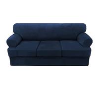Velvet T Cushion Sofa Cover for 2/3 Seater, Stretchable & Washable Furniture Protector with Individual Cushion Covers, Navy Blue, Perfect for Home Décor