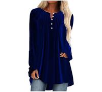 Velvet Top for Women UK Elegant V Neck Blouse Smart Casual Tunic Tops Plain Loose Fit Velour Pullover Solid Long Sleeve Oversized Tees Shirts Office Work Henley Shirt Blue