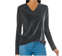Velvet Top for Women UK V Neck Long Sleeve Blouse Casual Smart Tunic Tops Plain Loose Fit Velour Pullover Underwear Solid Basic Tees Shirts Office Work Shirt Gray