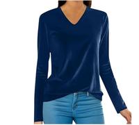 Velvet Top for Women UK V Neck Long Sleeve Blouse Casual Smart Tunic Tops Plain Loose Fit Velour Pullover Underwear Solid Basic Tees Shirts Office Work Shirt Blue