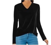 Velvet Top for Women UK V Neck Long Sleeve Blouse Casual Smart Tunic Tops Plain Loose Fit Velour Pullover Underwear Solid Basic Tees Shirts Office Work Shirt Black