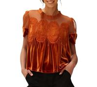 Velvet top Womens Velvet Lace Tops Casual Puff Short Sleeve Babydoll Shirts Flared Swing Blouse Ruffle Hem Patchwork Peplum Sweatshirts Elegant Loose Mesh Party Wear Outfits Orange XL