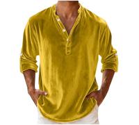 Velvet Tops for Men Plus Size Roll Long Sleeve Shirts Button Neck Pullover Casual Spring Tops Fashion Comfy T Shirts Yellow 3XL