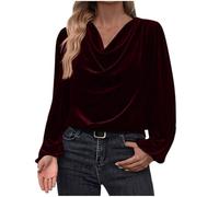 Velvet Tops for Women Elegant Cowl Neck Pleated Blouse Dressy Pullover Oversize Going Out Puff Long Sleeve Tops Baggy Casual Loose T Shirts Evening Party Dressy Casual Shirts Outdoor