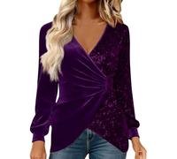 Velvet Tops for Women Patchwork Sequin Shirts Long Sleeve Wrap V Neck Blouse Sexy Glitter Party Tops Purple M