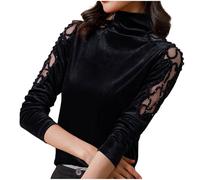 Velvet Tops for Women UK High Neck Ladies Shirts and Blouses Mesh Long Sleeve Tops Elegant Solid Business Office Work Tunic Tops Slim Fit Casual Party Shirts Lightweight Velour Blouse Black