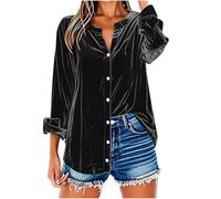 Velvet Tops for Women UK Longline Button Down Blouse Plus Size Tunic Tops V Neck Casual Dress Blouse Elegant Business Office Work Tee Shirts Loose Rolled Long Sleeve Shirts Black