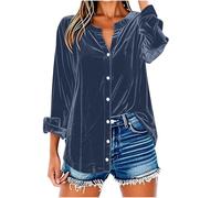Velvet Tops for Women UK Longline Button Down Blouse Plus Size Tunic Tops V Neck Casual Dress Blouse Elegant Business Office Work Tee Shirts Loose Rolled Long Sleeve Shirts Navy