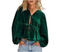 Velvet Tops for Women UK Plus Size Retro Long Sleeve Blouses V Neck Cropped Top Shirts Lantern Sleeve Lace up Dress Blouse Elegant Party Club Shirts Loose Fit Vintage Casual Holiday Blouse