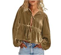 Velvet Tops for Women UK Plus Size Retro Long Sleeve Blouses V Neck Cropped Top Shirts Lantern Sleeve Lace up Dress Blouse Elegant Party Club Shirts Loose Fit Vintage Casual Holiday Blouse Gold